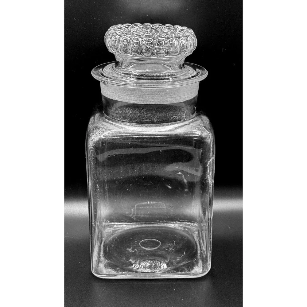 Vintage Square Clear Glass Apothecary Canister w/Decorative Floral Stopper 2 Qt